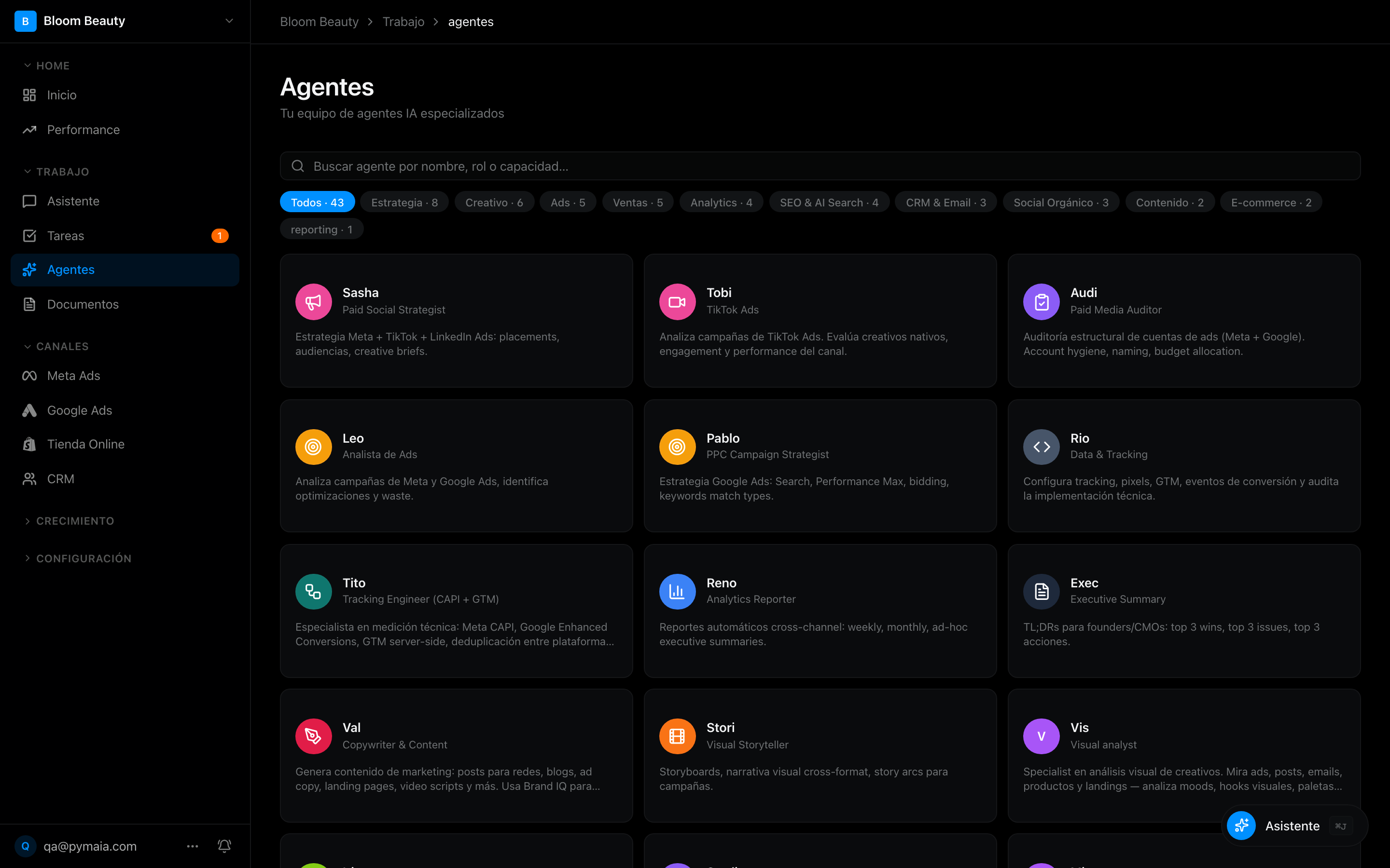 Equipo de agentes IA especializados en Pymaia