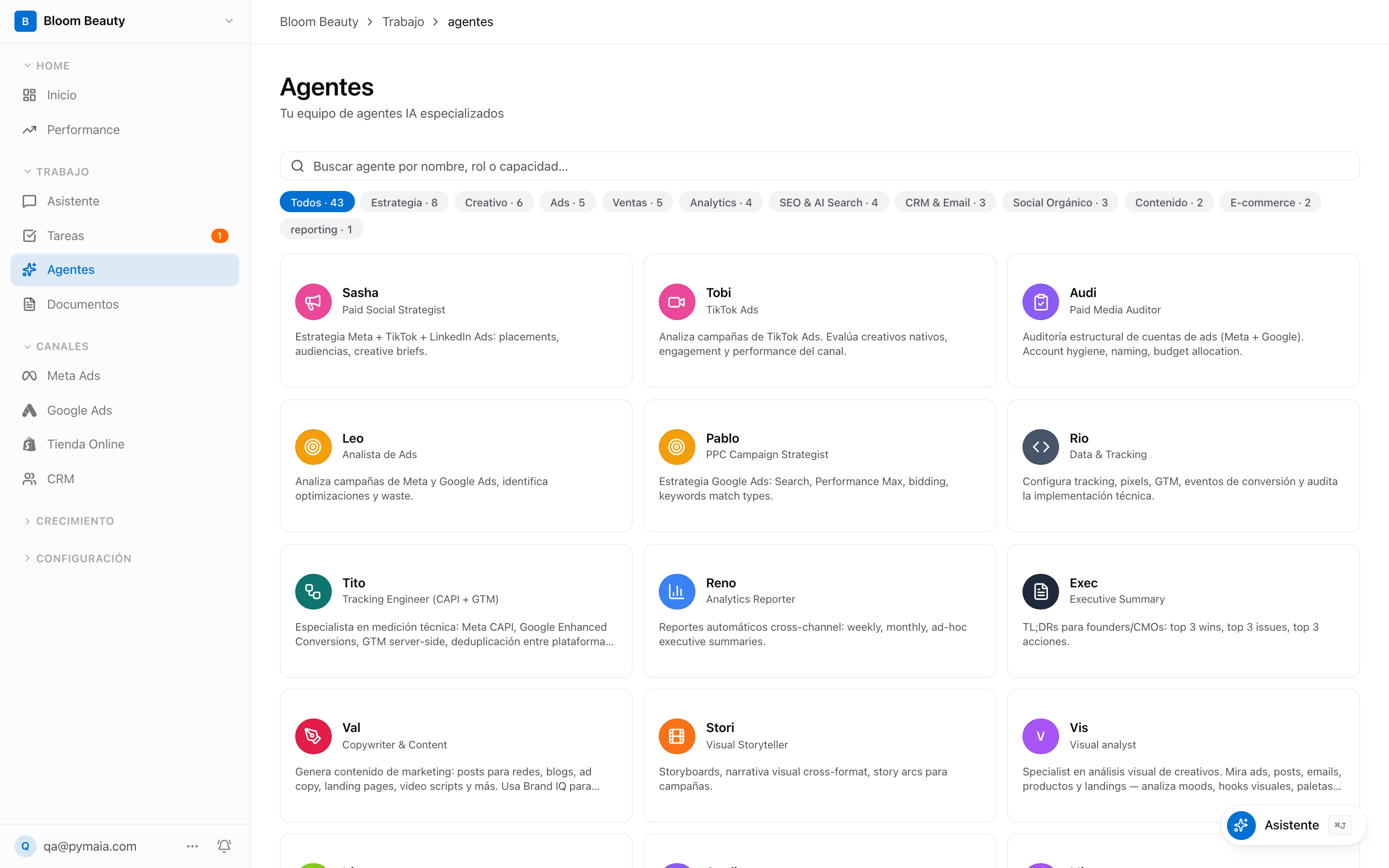 Equipo de agentes IA especializados en Pymaia