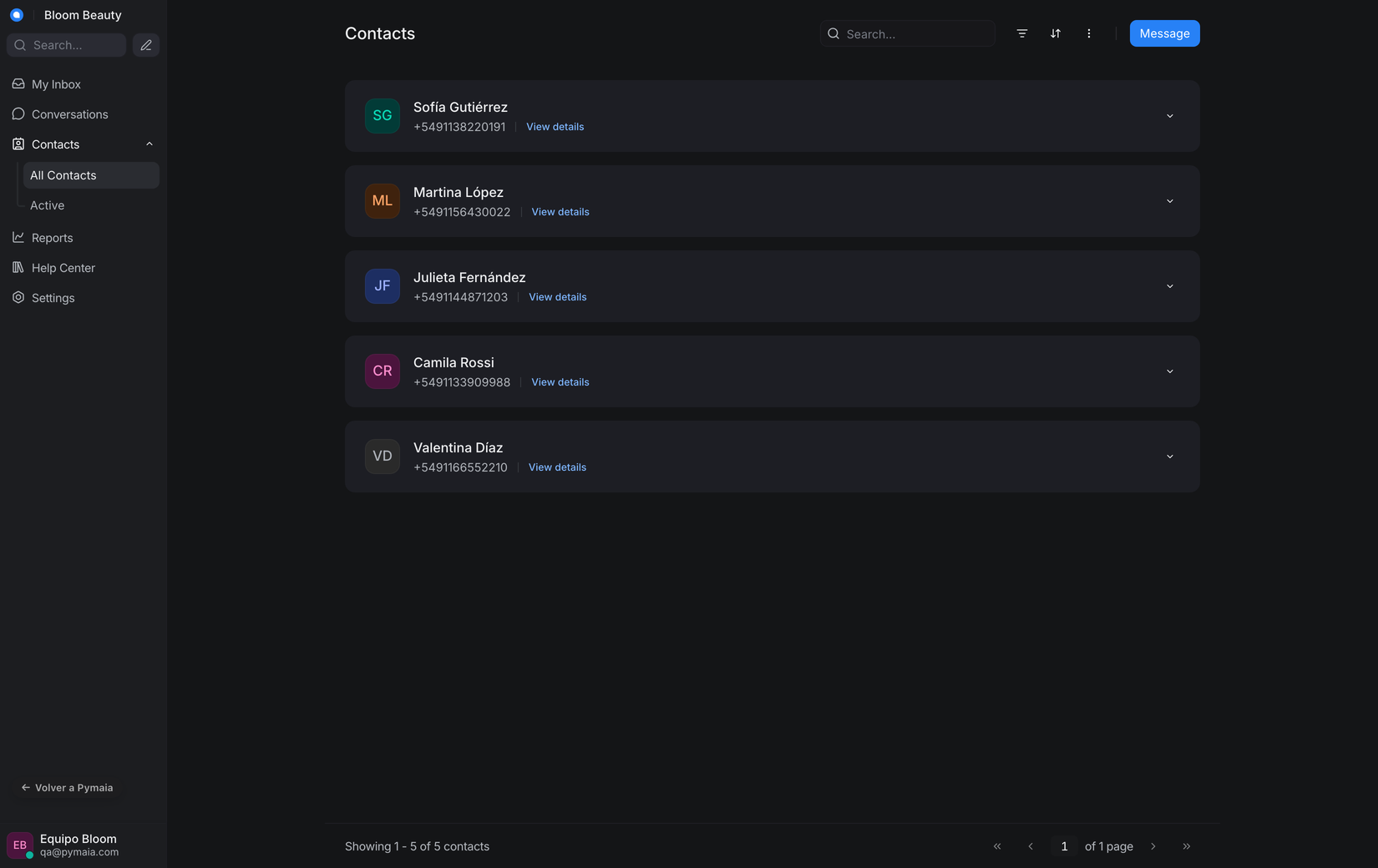 Pymaia Chat: contactos de clientes y su historial