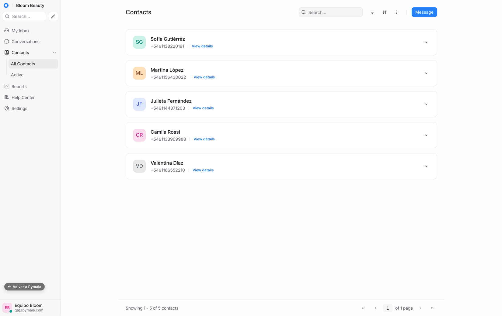 Pymaia Chat: contactos de clientes y su historial
