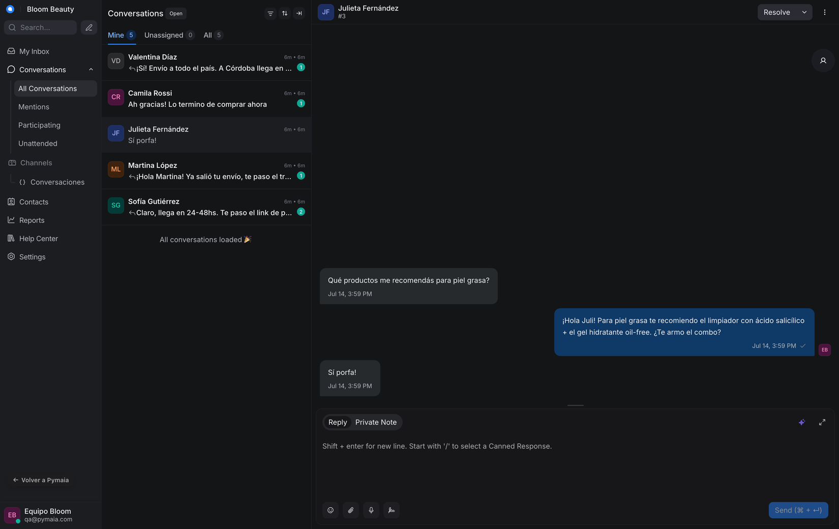Pymaia Chat: inbox unificado de conversaciones de clientes
