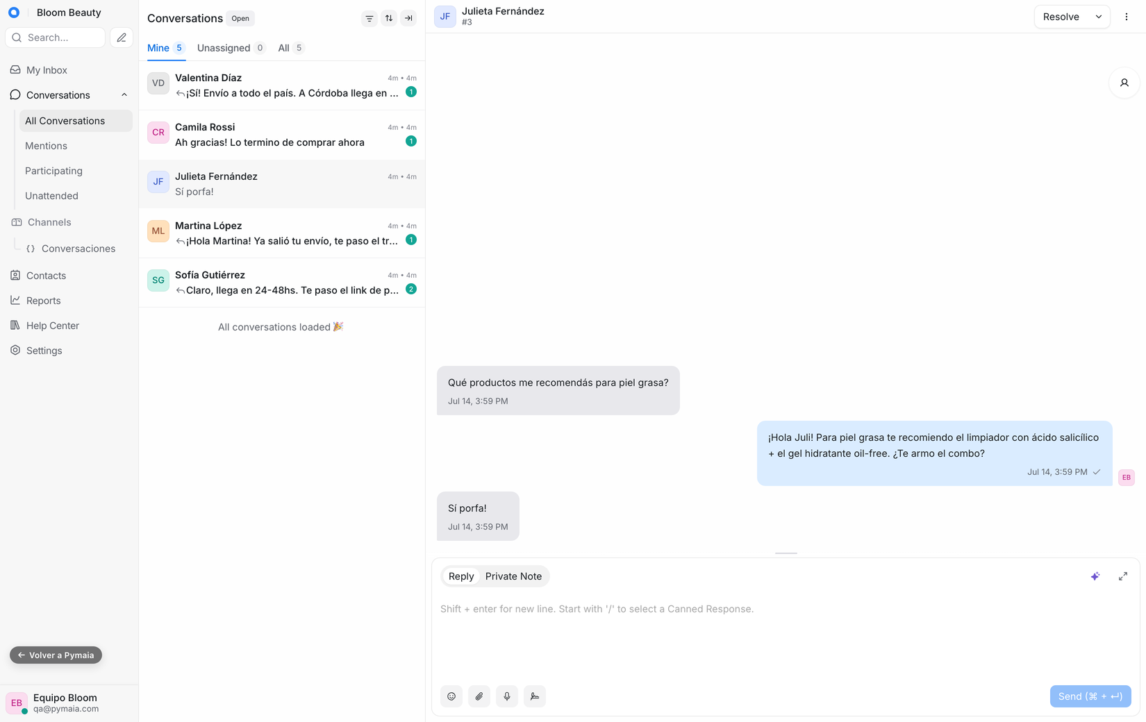 Pymaia Chat: inbox unificado de conversaciones de clientes