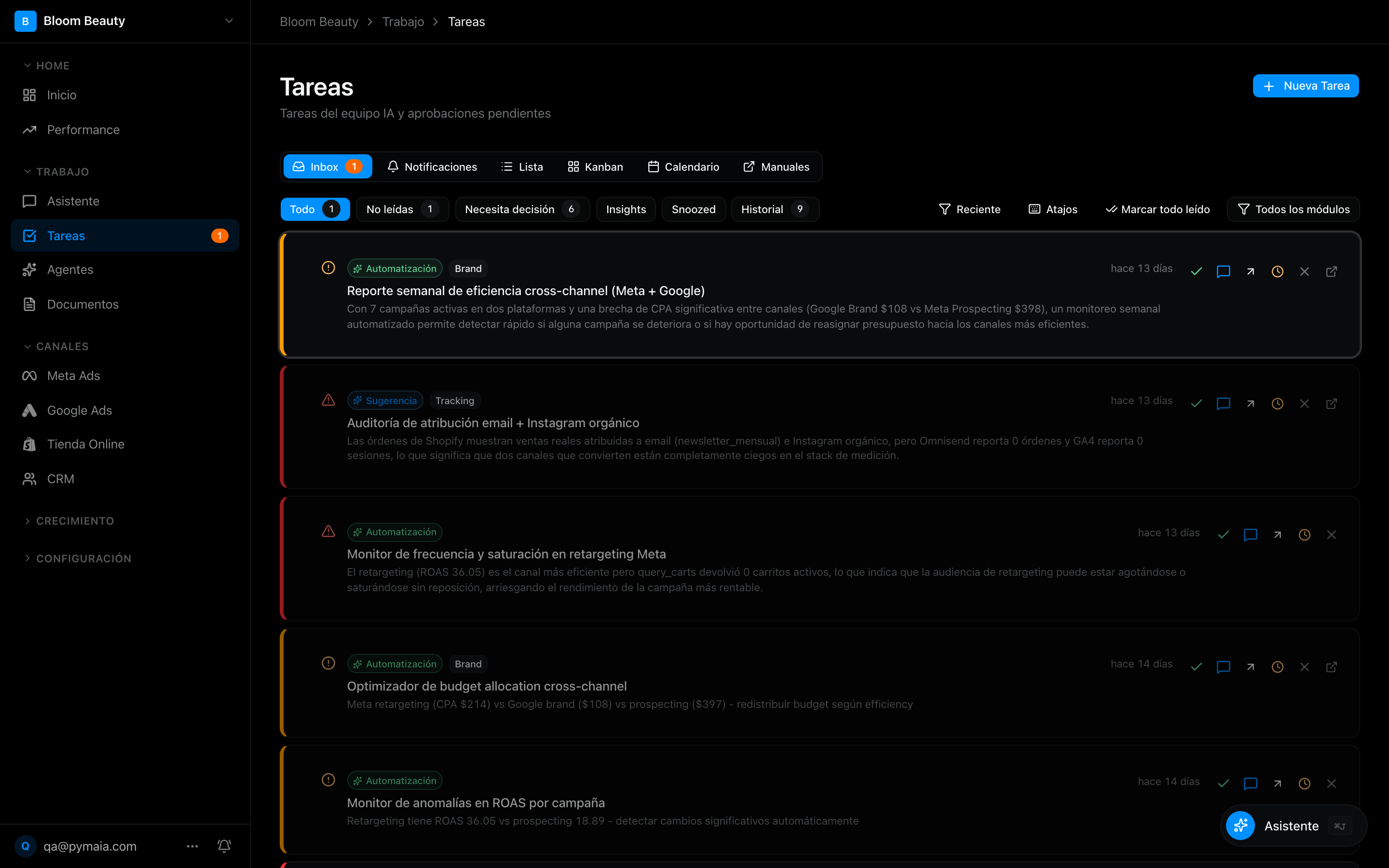 Bandeja de tareas, insights y aprobaciones en Pymaia