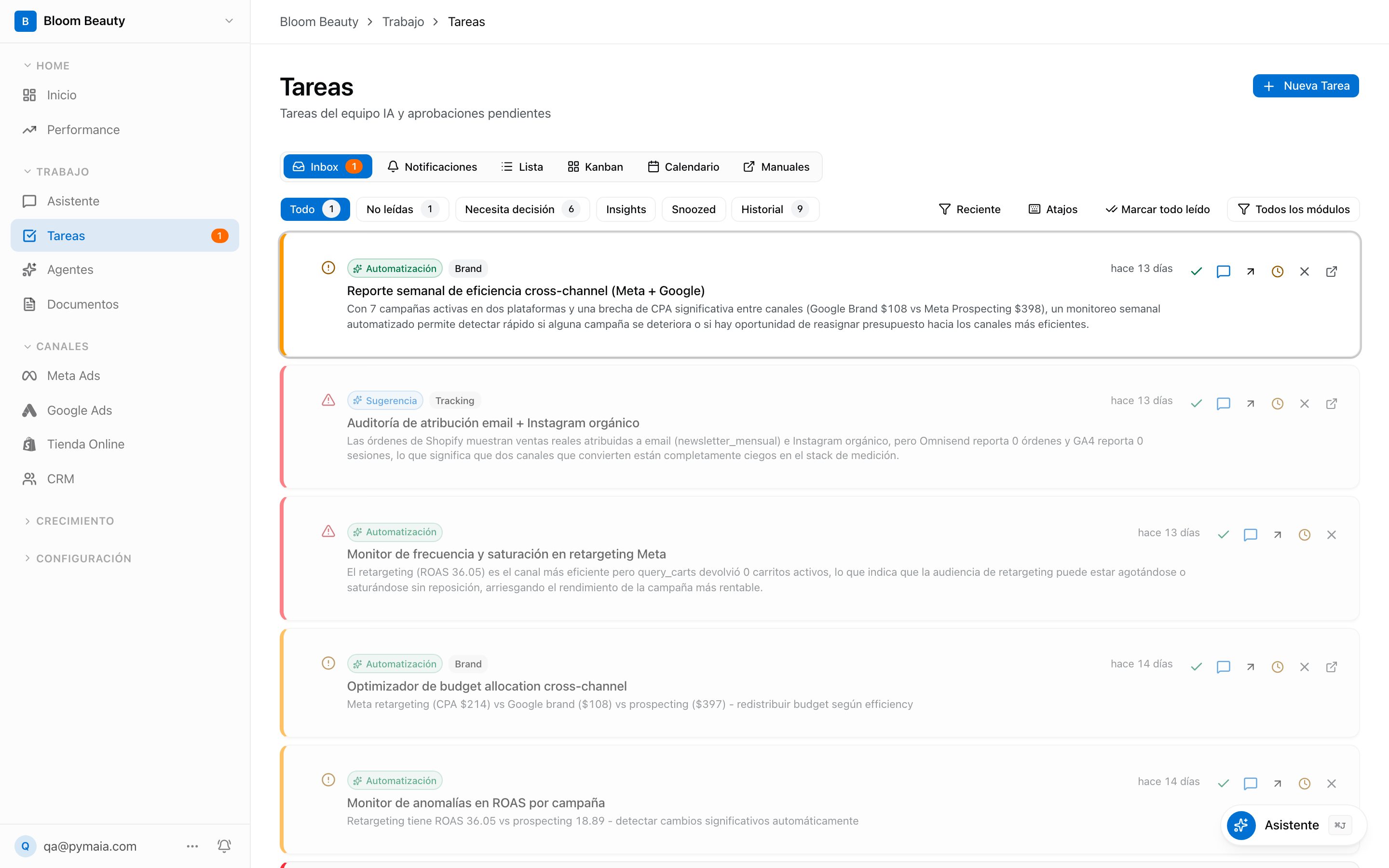 Bandeja de tareas, insights y aprobaciones en Pymaia